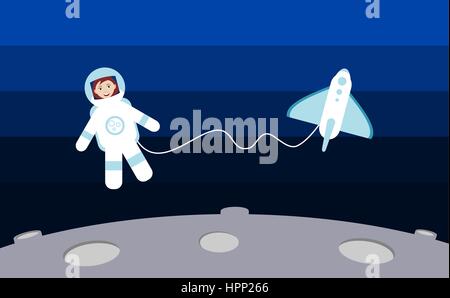 Astronauta femmina galleggia nello spazio intorno alla navetta spaziale. Donna sorridente in tuta spaziale su uno spazio a piedi. Raggiungimento, fiorente successo. Vettore Illustrazione Vettoriale