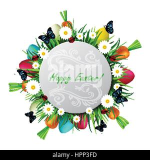 Felice Pasqua card con uova camomiles butterflyes ladybugs carote ed erba Illustrazione Vettoriale