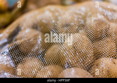 Materie patate russet in borse di maglia macro closeup Foto Stock