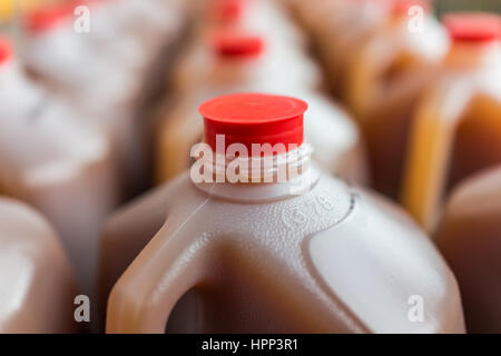 Righe di plastica gallone vasi sul display riempito con sidro di mela Foto Stock