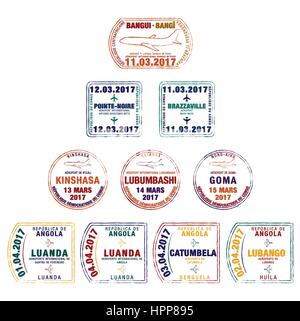 Stilizzato Passaporto Francobolli della Repubblica Centrafricana, Repubblica Democratica del Congo, Repubblica Democratica del Congo e in Angola in formato vettoriale. Illustrazione Vettoriale