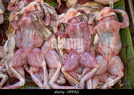 Disgustoso scuoiati rane in vendita in un mercato di Bangkok - cinese rane commestibili (Hoplobatrachus rugulosus) in Khlong Toei Pier, il mercato centrale di Bangkok Foto Stock