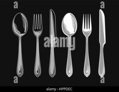 Set di forchetta, cucchiaio e il coltello. Posate da tavola. Elementi di design menu ristorante o bar, diner Illustrazione Vettoriale