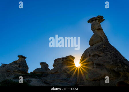 Sunrise attraverso hoodoos, la scrittura su pietra Parco Provinciale, Alberta, Canada Foto Stock