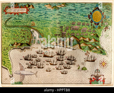 Mappa che mostra una veduta a volo di uccello della Sir Francis Drake flotta privateering attaccando Ribeira Grande capitale di Santiago, la più grande isola delle Isole di Capo Verde nel 1585. Pubblicato a Londra, 1589. Foto Stock