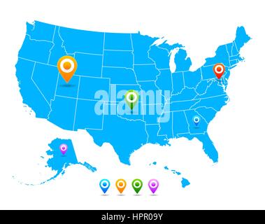 Vettore negli Stati Uniti (USA) mappa con puntatori isolato Illustrazione Vettoriale