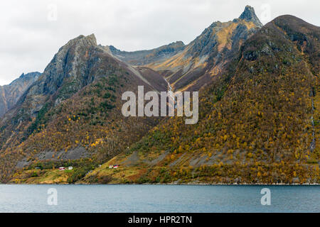 Paesaggio autunnale sulle rive del fiordo Hjørundfjorden, vicino Urke, Norvegia. Foto Stock