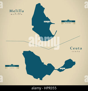 Mappa moderno - Melilla e Ceuta Spagna ES illustrazione Foto Stock