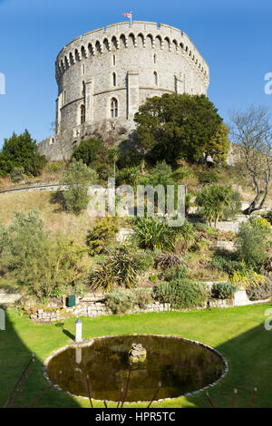 La torre circolare del Castello di Windsor, sulla parte superiore della Motte, & il fossato giardino visto in febbraio. Windsor, Berkshire. Regno Unito. Giornata soleggiata con sole e cielo blu. Foto Stock