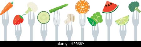 Mangiare sano concetto. Varietà di frutta e verdura incollata su forche design piatto illustrazione Illustrazione Vettoriale
