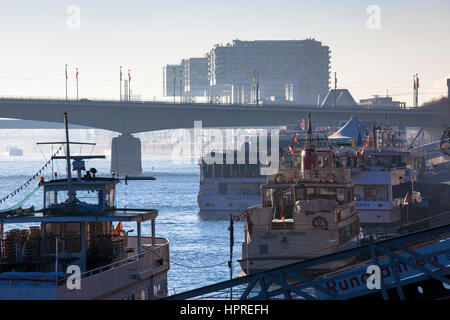 Germania, Colonia, escursione navi sulle rive del fiume Reno. Sullo sfondo il ponte Deutzer e la gru case di Rheinau porto. Foto Stock