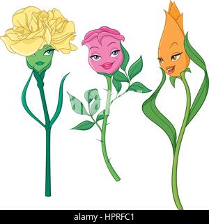 Fancy cartoon fiori vettore isolato: garofano, rosa e tulip. Illustrazione Vettoriale