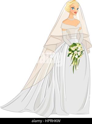 Bionda sposa con velo e bouquet. Illustrazione di vettore isolato Illustrazione Vettoriale