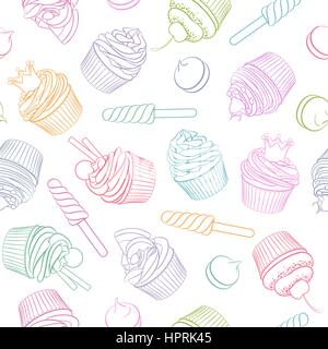 Lineare colorati i dolciumi e la pasticceria vettore seamless pattern. Illustrazione Vettoriale
