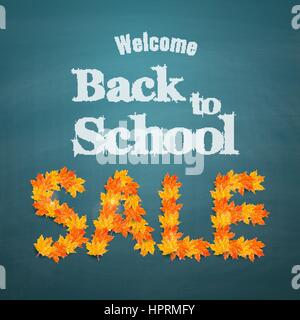 Autunno foglie di acero disposti in parola la vendita su lavagna sfondo. Si torna a scuola vendita banner Illustrazione Vettoriale