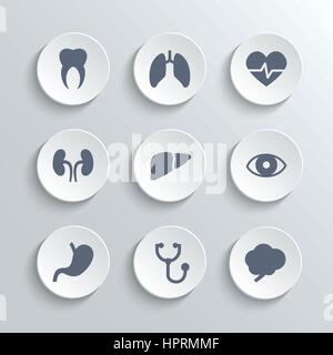 Icone mediche set - bianco vettore pulsanti rotondi con cuore stetoscopio dente di impulso cervello stomaco polmoni Fegato Rene eye Illustrazione Vettoriale