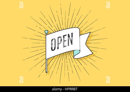 Vecchia bandiera vintage con disegno lineare di raggi e aprire Illustrazione Vettoriale