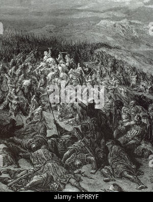 Crociate. Lotta tra il cristianesimo e le forze musulmane. Crociati lotta sul campo di battaglia contro i Turchi di Antiochia. Incisione di Gustave Dore (1832-1883). Foto Stock