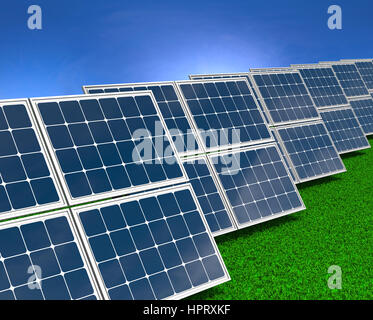 Serie di pannelli solari sul campo in erba sotto il cielo blu 3D illustrazione Foto Stock