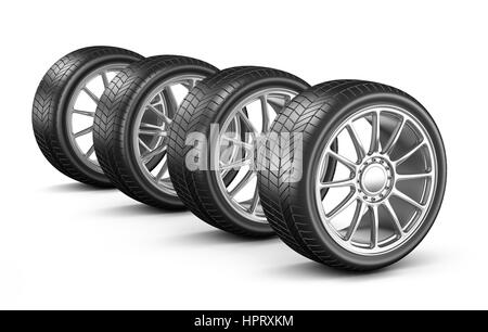 Quattro ruote vettura su sfondo bianco 3D illustrazione Foto Stock