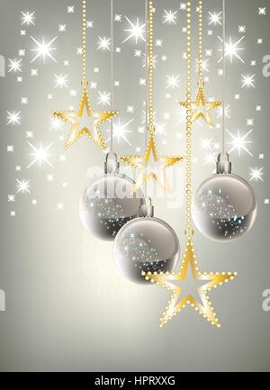 Tema Natale con oro rosso e argento baubles, stelle luminose su sfondo blu. Illustrazione Vettoriale