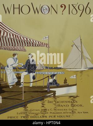 Poster pubblicitario per un libro intitolato Chi ha vinto 1896, raffiguranti due uomini conversando sul dock come un terzo uomo è in un piccolo canotto accanto a loro, 1903. Dalla Biblioteca Pubblica di New York. Foto Stock
