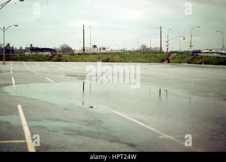 Gabbiani volano passato acqua stagnante in un parcheggio nel Bronx, New York, New York, 1980. Foto Stock