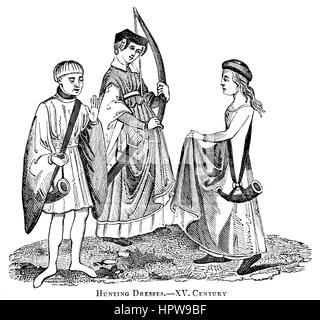 Una illustrazione di abiti di caccia nel xv secolo scansionati ad alta risoluzione da un libro stampato in 1831. Ritiene copyright free. Foto Stock