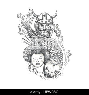 Lo stile di tatuaggio illustrazione di una testa di un norseman viking raider guerriero barbaro cornuto indossa il casco con la barba, carpe koi pesci immersioni e geisha gi Foto Stock