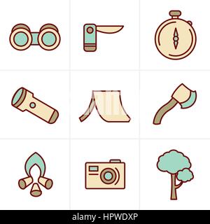 Icone di stile nero vettore camping tema impostato su grigio Illustrazione Vettoriale