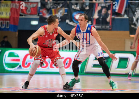 31 gennaio 2016: Marko Marinovic #41 di Steaua CSM EximBank Bucarest e Karolis Babkauskas #13 di CS Dinamo Bucarest L DURANTE L'LNBM - Uomini National Basketball League Romania gioco tra Steaua CSM EximBank Bucarest (ROU) vs CS Dinamo Bucarest (ROU) a campi sportivi polivalenti Hall di Bucarest, Romania ROU. Foto: Cronos/Catalin Soare Foto Stock