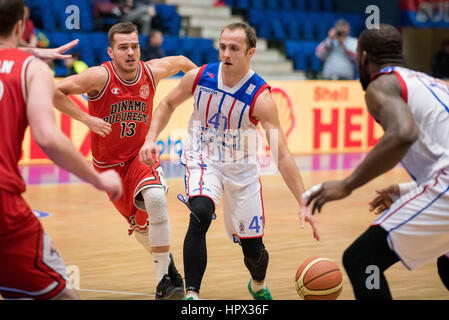 31 gennaio 2016: Marko Marinovic #41 di Steaua CSM EximBank Bucarest e Karolis Babkauskas #13 di CS Dinamo Bucarest durante la LNBM - Uomini National Basketball League Romania gioco tra Steaua CSM EximBank Bucarest (ROU) vs CS Dinamo Bucarest (ROU) a campi sportivi polivalenti Hall di Bucarest, Romania ROU. Foto: Cronos/Catalin Soare Foto Stock