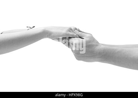 Bianco e nero closeup colpo di mano di un maschio e una femmina di tenute insieme, isolato su sfondo bianco. Foto Stock