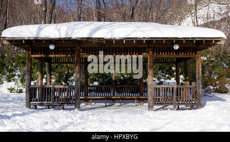 La neve e il padiglione in legno elevazione nella foresta Noboribetsu Onsen neve invernale del parco nazionale di Jigokudani, Hokkaido, Giappone Foto Stock