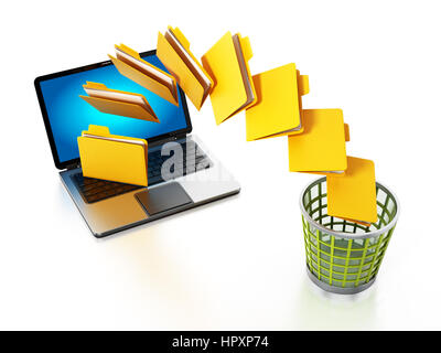 Spostamento delle cartelle dal computer portatile al cestino. 3D'illustrazione. Foto Stock