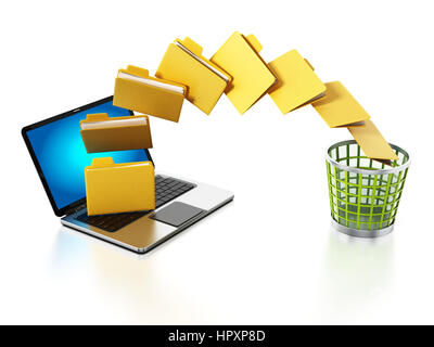 Spostamento delle cartelle dal computer portatile al cestino. 3D'illustrazione. Foto Stock