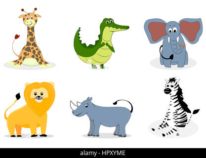 Animali africani vector cartoon. Giraffe ed elefanti, coccodrillo e zebra illustrazione Foto Stock