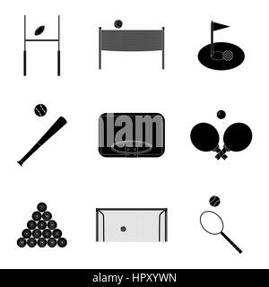 Sport set di icone silhouette nera. Snooker e il baseball, campi da tennis e biliardo, illustrazione vettoriale Foto Stock