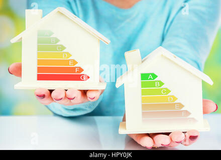 Concetto confronto tra casa normale e basso consumo casa con la categoria di efficienza energetica Foto Stock