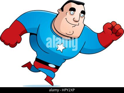 Un felice cartoon supereroe in esecuzione e sorridente. Illustrazione Vettoriale