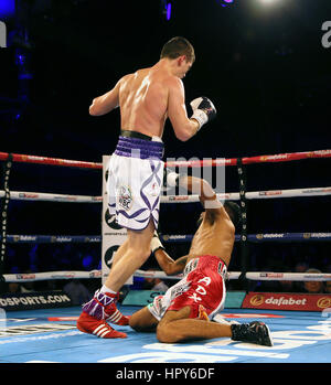 Luke Campbell bussa giù Jairo Lopez durante il WBC Silver campionato leggero bout a Hull Ice Arena. Foto Stock