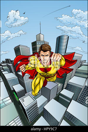 Carattere di supereroi con un capo in un cartoon pop art in stile fumetto battenti nel corso di una città Foto Stock