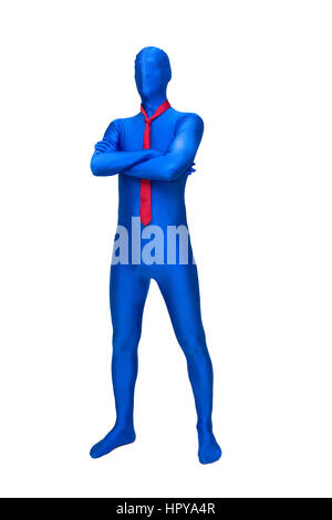 Misterioso uomo blu in morphsuit con una cravatta rossa intorno al collo isolato sul bianco Foto Stock