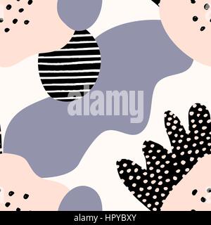 Stile Collage seamless schema di ripetizione con abstract e forme organiche in rosa pastello, lavanda viola, nero e crema. Moderno e originale, tessile Illustrazione Vettoriale