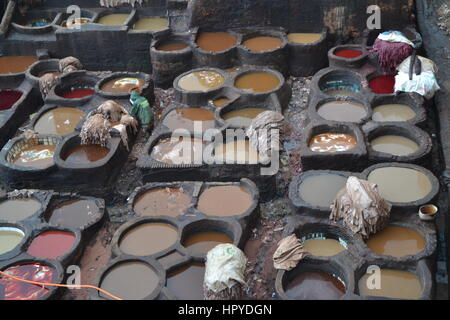 Chouara, colpendo l'XI secolo conceria, piscine di concia e delle pile di pelli presso un tradizionale in pelle fabbrica conceria di Fez, Marocco. Foto Stock