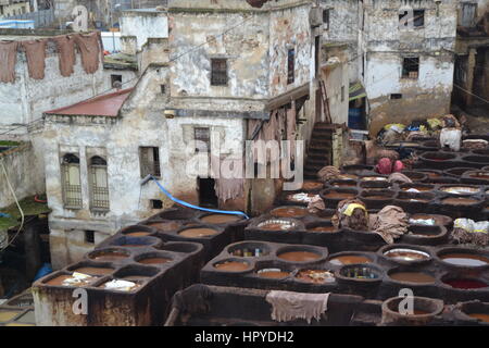 Chouara, colpendo l'XI secolo conceria, piscine di concia e delle pile di pelli presso un tradizionale in pelle fabbrica conceria di Fez, Marocco. Foto Stock