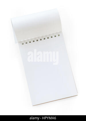 Spirale vuota notepad con girato pagina. Vista superiore, isolato su bianco, percorso di clipping incluso Foto Stock