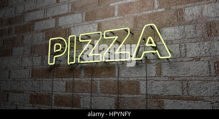 PIZZA - incandescente insegna al neon sulla parete in muratura - 3D reso Royalty free stock illustrazione. Possono essere utilizzati per gli annunci tramite banner on line di altezza e direct mailer. Foto Stock
