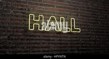 HALL - realistico segno al Neon su un muro di mattoni di sfondo - 3D reso Royalty free stock foto. Possono essere utilizzati per gli annunci tramite banner on line di altezza e direct mailer. Foto Stock