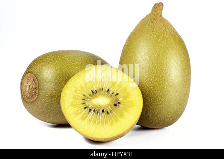 Golden kiwi isolati su sfondo bianco Foto Stock